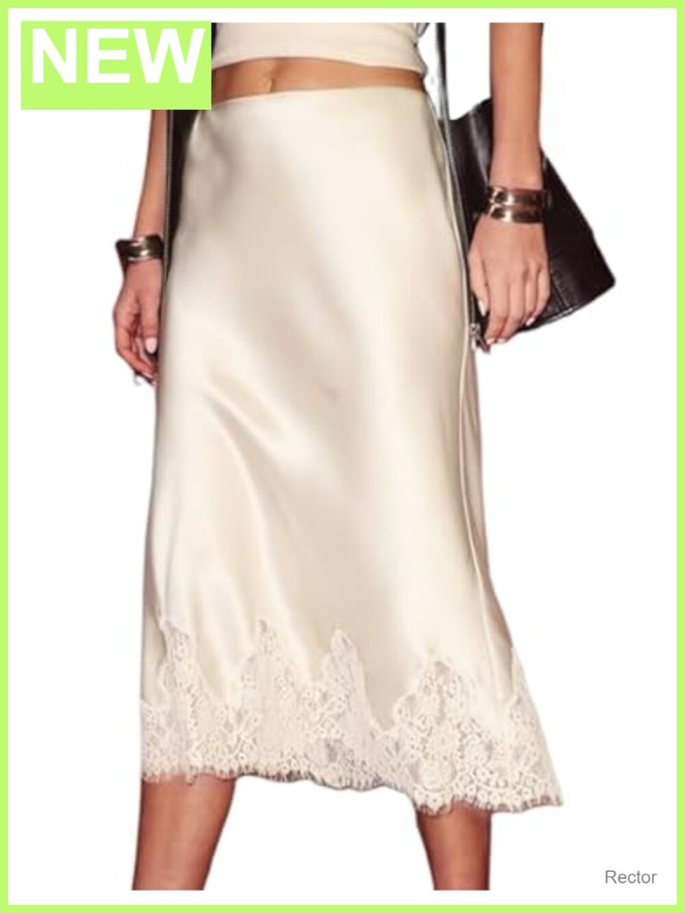 Satin Midi Skirt Flowy A-Line Lace Trim Elastic Waist Women's Formal